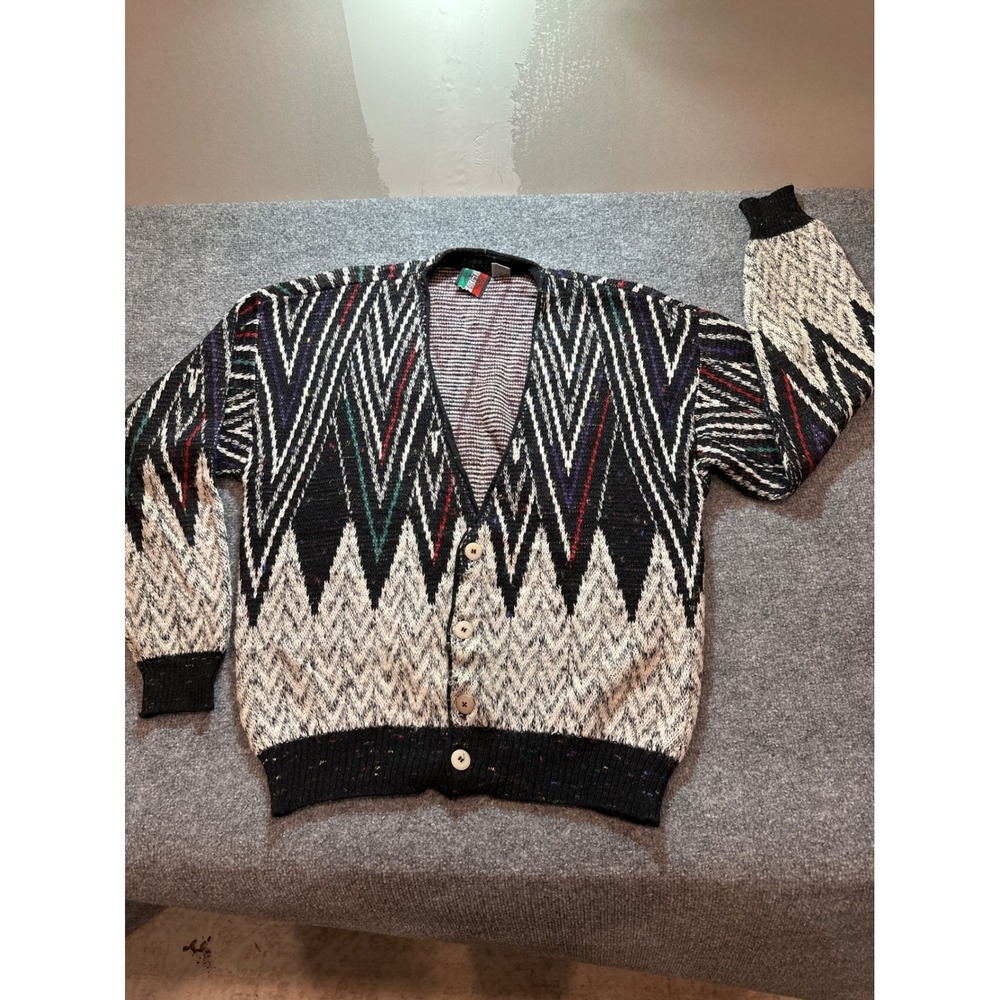 Vintage Cortina Italia Cardigan Mens L Italy Wool Blend Geometric Coogi Style